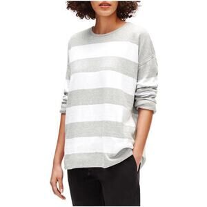 Eileen Fisher Organic Cotton Gray White Striped Seeater Sz L